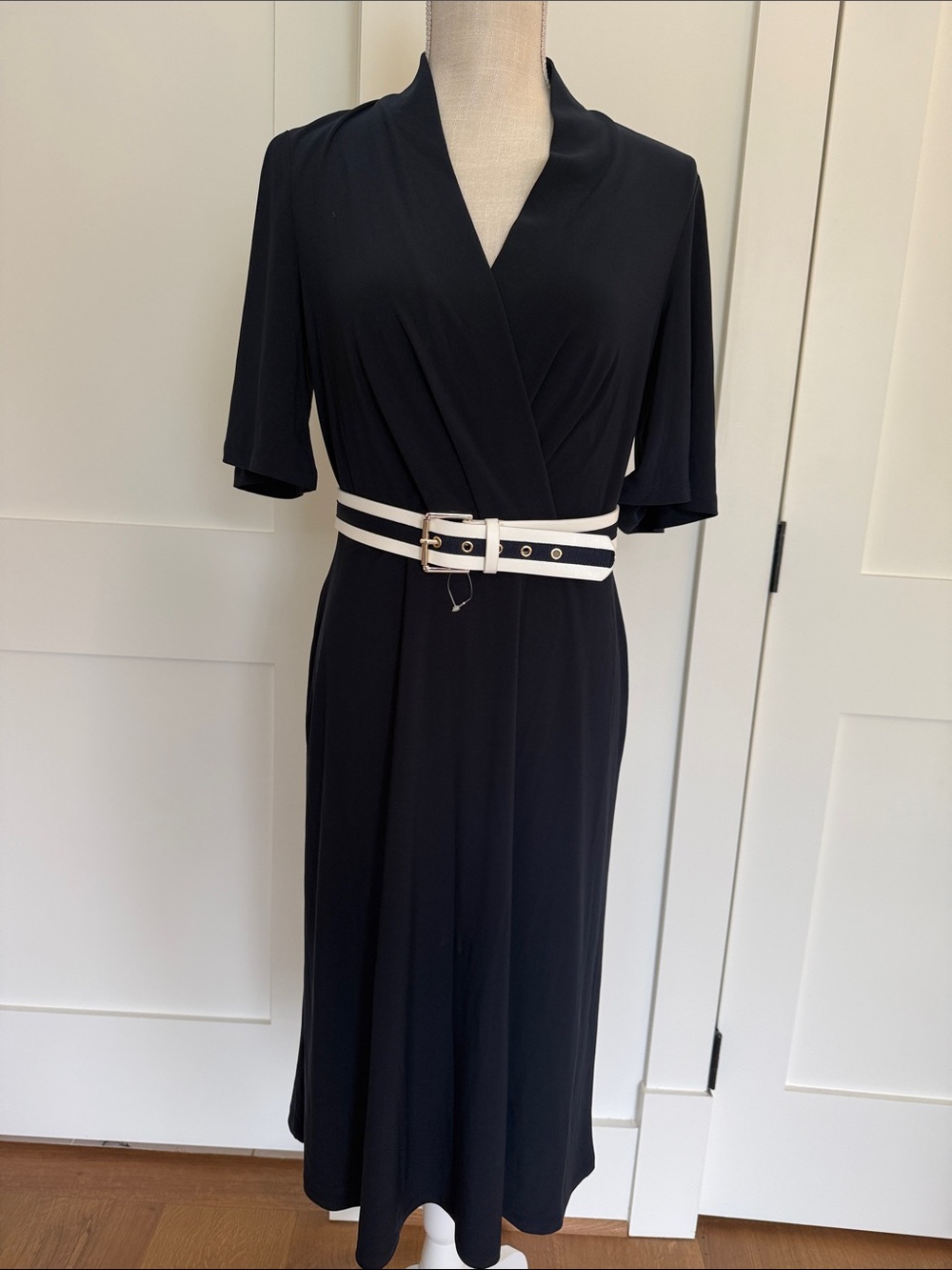 Tommy Hilfiger Black Midi Wrap Dress with White Belt (SPLIT SEAM)